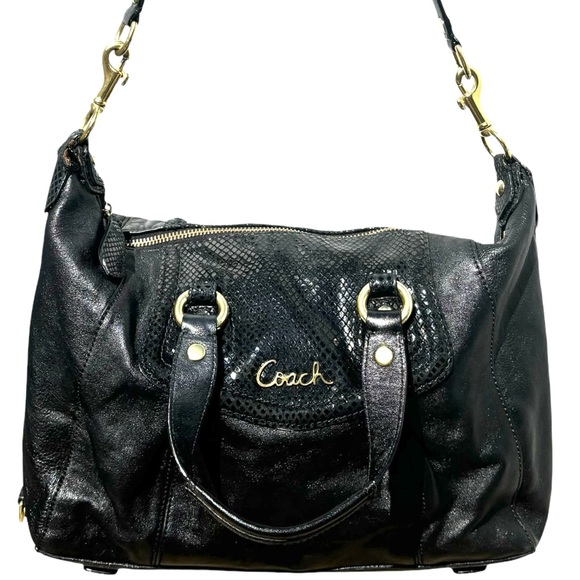 Coach Ashley 2Way Leather Handbag Satchel Tote-Black Sequined Snakeskin/Gold - Picture 2 of 15